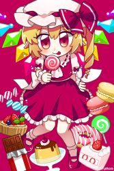 Rule 34 | 1girl, blonde hair, blush, bow, cake, cake slice, candy, cherry, chocolate, chocolate bar, crystal, doughnut, flandre scarlet, food, frilled skirt, frills, fruit, hat, hat bow, highres, lollipop, long hair, looking at viewer, maa (forsythia1729), mary janes, mob cap, pudding, red background, red eyes, shoes, short sleeves, side ponytail, skirt, skirt set, smile, socks, solo, strawberry, strawberry shortcake, swirl lollipop, tart (food), tongue, tongue out, touhou, wings, wrist cuffs