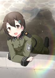 Rule 34 | 1girl, :d, bird, blush, brown eyes, brown hair, epaulettes, from above, hair ornament, hairclip, leaning, lens, lens flare, looking at viewer, looking up, military, military uniform, open mouth, owl, patch, pavement, rainbow, road, shadow, short hair, sketch, smile, solo, sora no woto, sorami kanata, street, uniform, wk (low-f)