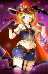 Rule 34 | 10s, 1girl, ;), absurdres, animal, aoi (kiyokiyoaomushi), armlet, asymmetrical legwear, bare shoulders, basket, bat (animal), belt, black gloves, blonde hair, bow, bowtie, bug, candy, cape, collarbone, fingerless gloves, food, frilled shorts, frills, garter straps, gloves, halloween, hat, highres, koizumi hanayo, looking at viewer, love live!, love live! school idol festival, love live! school idol project, nail polish, one eye closed, pink thighhighs, pumpkin, purple eyes, shorts, silk, smile, solo, spider, spider web, star (symbol), star print, striped clothes, striped thighhighs, sweets, thighhighs, uneven legwear, witch hat
