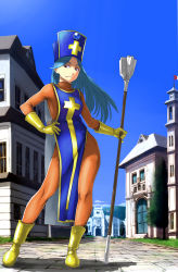 Rule 34 | 1girl, blue hair, bodysuit, boots, chunsoft, dragon quest, dragon quest iii, enix, gloves, hat, highres, long hair, mitre, priest (dq3), solo, square enix, staff, tabard, town, twinpoo