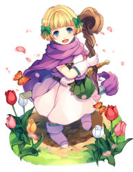 Rule 34 | 1girl, :d, blonde hair, blue eyes, bow, bug, butterfly, cape, dragon quest, dragon quest v, flower, gloves, hair bow, hero&#039;s daughter (dq5), hiyunagi, bug, long hair, open mouth, petals, short hair, smile, solo, staff, sword, weapon, white gloves