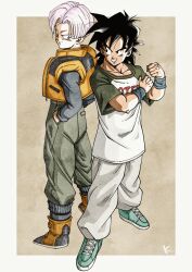 Rule 34 | 2boys, back-to-back, baggy pants, black eyes, black hair, blue eyes, boots, commentary request, dragon ball, dragonball z, furrowed brow, grin, hands in pockets, highres, kakeru (dbskakeru), male focus, multiple boys, pants, pink hair, shirt, shoes, smile, sneakers, son goten, t-shirt, trunks (dragon ball), vest, wristband, yellow vest