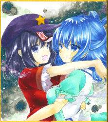 Rule 34 | 2girls, aqua dress, blue eyes, blue hair, border, breast press, breasts, cabbie hat, dress, fang, frilled sleeves, frills, hair between eyes, hair ornament, hair rings, hair stick, hat, hat ornament, highres, jiangshi, kaku seiga, looking at viewer, marker (medium), medium breasts, medium hair, miyako yoshika, multiple girls, ofuda, open mouth, outstretched arms, puffy short sleeves, puffy sleeves, purple eyes, purple hair, purple headwear, rano (u rano), red shirt, shirt, short hair, short sleeves, smile, star (symbol), star hat ornament, symmetrical docking, touhou, traditional media, upper body, vest, white vest, yellow border, zombie pose