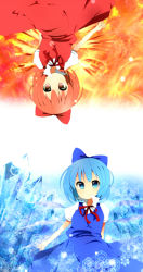 Rule 34 | 2girls, achi cirno, alternate color, alternate element, bad id, bad pixiv id, blue hair, blush, bow, cirno, dual persona, fire, hair bow, highres, ice, mirror opposites, mirrored, multiple girls, polar opposites, red eyes, red hair, ribbon, short hair, tapa, embodiment of scarlet devil, touhou, upside-down, wings