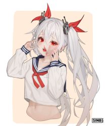 Rule 34 | 1girl, abs, absurdres, artist name, azur lane, bad id, bad pixiv id, blood, blue sailor collar, blush, breasts, crying, crying with eyes open, fang, gradient background, hair between eyes, hair ribbon, highres, long hair, long sleeves, looking at viewer, navel, neckerchief, nosebleed, open mouth, park sinb (choacee), red eyes, red neckerchief, red ribbon, ribbon, sailor collar, school uniform, serafuku, shirt, signature, silver hair, slap mark, small breasts, solo, tears, twintails, vampire (azur lane), very long hair, white shirt
