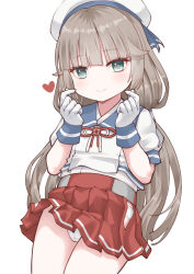 Rule 34 | 1girl, absurdres, blue sailor collar, blush, cameltoe, cleft of venus, finger heart, flat chest, gloves, green eyes, grey hair, hat, heart, highres, kantai collection, long hair, looking at viewer, mikura (kancolle), red skirt, sailor collar, sailor hat, shirt, simple background, skirt, smile, soba (sobaya1938), solo, white background, white gloves, white shirt