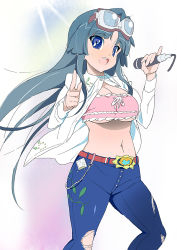 Rule 34 | 1girl, akiyama mio, bandeau, belt, blue eyes, breasts, cleavage, denim, goggles, green hair, jeans, k-on!, kawasaki kazuhiko, large breasts, long hair, microphone, midriff, open clothes, open shirt, pants, shirt, solo, strapless, torn clothes, tube top, underboob