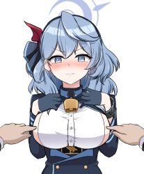 Rule 34 | 1girl, absurdres, ako (blue archive), blue archive, breasts, hand on own chest, highres, jacket, large breasts, military jacket, nanju bami, sideboob, simple background, solo, white background
