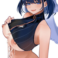 Rule 34 | 1girl, after paizuri, arm at side, bare shoulders, black shirt, blue eyes, blue hair, breasts, clothes lift, commentary, crop top, cropped shirt, cum, cum in clothes, cum on body, cum on breasts, cum on clothes, cum on upper body, cumdrip, dismassd, english commentary, fang, female focus, from above, from side, half-closed eyes, hand on own chest, highres, hololive, hololive english, large breasts, lifted by self, looking at viewer, looking to the side, naughty face, navel, nipples, no bra, open mouth, ouro kronii, ouro kronii (1st costume), seductive smile, shirt, shirt lift, short hair, simple background, skin fang, sleeveless, sleeveless shirt, smile, solo, striped clothes, striped shirt, upper body, veil, vertical stripes, virtual youtuber, white background, zipper