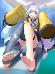 Rule 34 | 1girl, aqua hair, armpits, barefoot, blue hair, blush, breasts, commentary request, creatures (company), full body, game freak, highres, iono (pokemon), j.c.14, legs, light blue hair, light purple hair, long hair, looking at viewer, medium breasts, multicolored hair, nintendo, open mouth, pokemon, pokemon sv, purple eyes, sharp teeth, shirt, sidelocks, signature, single thighhigh, sitting, sleeves past fingers, sleeves past wrists, soles, solo, stirrup legwear, teeth, thighhighs, thighs, toeless legwear, toenails, toes, twintails, two-tone hair, v-shaped eyebrows, very long hair, wide sleeves, yellow shirt