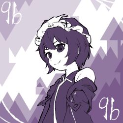 Rule 34 | 1other, androgynous, arrow (symbol), arrow print, bare shoulders, birthday, closed mouth, collared shirt, dated, frilled hat, frills, hat, highres, hood, hooded jacket, jacket, jacket partially removed, len&#039;en, looking at viewer, mob cap, purple background, purple eyes, purple hair, purple hat, purple jacket, purple shirt, purple theme, shirt, shitodo kuroji, short hair, sleeveless, sleeveless shirt, smile, spot color, triangular headpiece, upper body, v-shaped eyebrows, yuejiao tuan