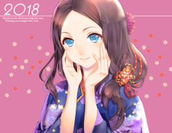 Rule 34 | 1girl, blue eyes, blue kimono, brown hair, closed mouth, english text, fate/grand order, fate (series), floral background, floral print, flower, forehead, hair flower, hair ornament, hair over shoulder, hair ribbon, hands on own cheeks, hands on own face, hands up, happy new year, japanese clothes, kimono, leonardo da vinci (fate), lips, long hair, long sleeves, low-tied long hair, new year, p-kana, parted bangs, pink background, print kimono, red ribbon, ribbon, smile, solo, sparkle, upper body, yukata