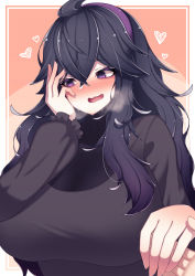 Rule 34 | 1girl, @ @, ahoge, blush, breasts, breath, creatures (company), dress, embarrassed, eyelashes, game freak, hair between eyes, hairband, hand on own face, heart, hex maniac (pokemon), highres, holding hands, huge breasts, long hair, long sleeves, looking to the side, matching hair/eyes, nintendo, no nose, open mouth, pokemon, pokemon xy, pov, pov hands, puffy sleeves, purple eyes, purple hair, shiny clothes, shiny skin, sidelocks, simple background, smile, steam, sweat, taut clothes, taut dress, upper body, very long hair, yasume (cheap melon soda)