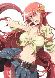 Rule 34 | 10s, 1girl, blush, breasts, cleavage, fang, female focus, front-tie top, highres, lamia, large breasts, long hair, looking at viewer, miia (monster musume), monster girl, monster musume no iru nichijou, navel, official art, one eye closed, open mouth, pointy ears, red hair, simple background, skirt, slit pupils, smile, snake tail, solo, tail, v, wink, yellow eyes