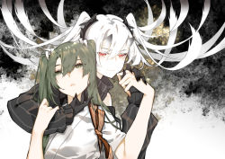 Rule 34 | 2girls, abyssal crane princess, bad id, bad pixiv id, commentary request, detached sleeves, gloves, green eyes, green hair, hair between eyes, hair ribbon, holding hands, hand on another&#039;s chin, horns, japanese clothes, kantai collection, long hair, multiple girls, muneate, neko (ganecooo), red eyes, ribbon, smile, twintails, white hair, white ribbon, zuikaku (kancolle)