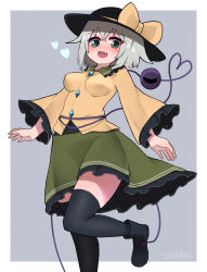Rule 34 | 1girl, :d, absurdres, black footwear, black hat, black thighhighs, blouse, blush, bow, breasts, fang, frilled skirt, frills, green eyes, green skirt, grey background, grey hair, hat, hat bow, heart, heart of string, highres, koishi day, komeiji koishi, leg up, looking at viewer, medium breasts, open mouth, outside border, shirt, short hair, simple background, skirt, smile, solo, standing, thighhighs, third eye, topadori, touhou, yellow bow, yellow shirt