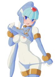 Rule 34 | 1girl, blue eyes, blush, bodysuit, breasts, clothes lift, covered erect nipples, elbow gloves, gloves, head tilt, helmet, fairy leviathan (mega man), looking at viewer, looking to the side, medium breasts, mega man (series), mega man zero (series), nipples, panties, panty pull, see-through, semikichin, shirt lift, simple background, skin tight, smile, solo, underwear, white background, white bodysuit