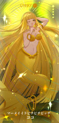 Rule 34 | 1girl, arm behind head, arm up, armlet, armpits, artist name, bare shoulders, bikini, blonde hair, blunt bangs, bracelet, breasts, character name, cleavage, closed mouth, coco (mermaid melody pichi pichi pitch), collarbone, commentary request, earrings, full body, highres, index finger raised, jewelry, long hair, looking at viewer, medium breasts, mermaid, mermaid melody pichi pichi pitch, monster girl, nail polish, navel, necklace, one eye closed, pearl bracelet, shell, shell bikini, shell necklace, sidelocks, smile, solo, stomach, stray (fengjun), swimsuit, tail, tail ornament, yellow eyes