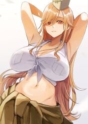 Rule 34 | 1girl, aaoshigatoutoi, absurdres, armpits, arms behind head, blonde hair, breasts, cleavage, clothes around waist, collared shirt, dog tags, garrison cap, girls&#039; frontline, hat, highres, jacket, large breasts, long hair, looking at viewer, m2hb (girls&#039; frontline), midriff, navel, red eyes, shirt, simple background, solo, tied shirt, white shirt