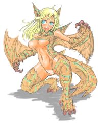 Rule 34 | 1girl, animal ears, bad id, bad pixiv id, blonde hair, blue eyes, breasts, capcom, dragon, dragon girl, large breasts, maebari, midriff, monster girl, monster hunter (series), open mouth, personification, revealing clothes, solo, tagane, tail, teeth, tigrex, underboob, wings, wyvern