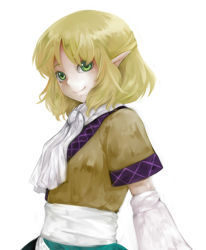Rule 34 | 1girl, arm warmers, blonde hair, female focus, green eyes, half updo, mizuhashi parsee, pointy ears, scarf, short hair, simple background, smile, solo, takosumi, touhou