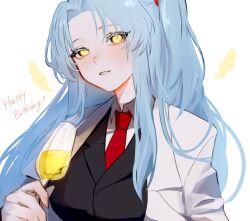 Rule 34 | 1girl, alcohol, angela (project moon), black vest, blue hair, champagne, champagne flute, coat, cup, drinking glass, lab coat, lobotomy corporation, long hair, looking at viewer, moth ram, necktie, one side up, parted bangs, parted lips, project moon, red necktie, sailor collar, shirt, sidelocks, simple background, solo, upper body, very long hair, vest, white background, white coat, white shirt, wing collar, yellow eyes