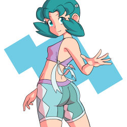 Rule 34 | 1girl, adapted costume, ass, back, bikini, blue eyes, blue hair, breasts, creatures (company), drawfag, eyelashes, game freak, hair ornament, hand up, highres, kris (pokemon), kris (sygna suit) (pokemon), looking at viewer, nintendo, pokemon, pokemon masters ex, shorts, sleeveless, small breasts, smile, solo, swimsuit, twintails