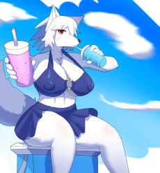Rule 34 | 1girl, absurdres, animal ear fluff, animal ears, animal nose, bikini, bikini skirt, blue bikini, blush, breasts, cleavage, cloud, cooler, covered erect nipples, drinking, fur, furry, furry female, highres, large breasts, looking at viewer, muzzle, natsuka jin, o-ring, o-ring bikini, o-ring top, reaching, reaching towards viewer, red eyes, short hair, swimsuit, tail, thick thighs, thighs, white fur, wolf ears, wolf tail