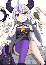 Rule 34 | 1girl, 6+others, :o, absurdres, ahoge, bare shoulders, black dress, black jacket, blush, brown eyes, commentary, demon horns, detached sleeves, dress, fang, feet out of frame, grey hair, hair brush, highres, holding, holding brush, hololive, horns, jacket, unworn jacket, la+ darknesss, long hair, long sleeves, multicolored hair, multiple others, open mouth, puffy long sleeves, puffy sleeves, purple hair, purple thighhighs, sato art, simple background, single detached sleeve, sleeveless, sleeveless dress, solo focus, streaked hair, thighhighs, very long hair, virtual youtuber, white background, white sleeves