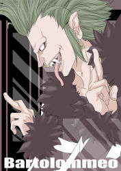 Rule 34 | 1boy, bartolomeo, character name, chikaburo, crossed arms, crossed fingers, fang, fur trim, green hair, long tongue, male focus, nose piercing, nose ring, one piece, pointy ears, profile, sharp teeth, sidelocks, solo, teeth, tongue, tongue out