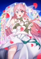 Rule 34 | 1girl, absurdres, blush, bouquet, bride, dress, elbow gloves, fang, flower, from below, gloves, highres, juliahsl, last origin, looking at viewer, looking down, miho (last origin), open mouth, pink eyes, pink hair, smile, tears, twintails, wedding, wedding dress, white dress