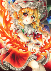Rule 34 | 1girl, :q, back bow, blonde hair, blouse, bow, brooch, commentary request, cowboy shot, fire, flandre scarlet, frilled bow, frilled shirt collar, frilled skirt, frilled sleeves, frills, green brooch, hat, hat ribbon, highres, jewelry, maa (forsythia1729), marker (medium), medium hair, mob cap, puffy short sleeves, puffy sleeves, red eyes, red ribbon, red skirt, red vest, ribbon, ribbon-trimmed headwear, ribbon trim, shirt, short sleeves, side ponytail, skirt, solo, tongue, tongue out, touhou, traditional media, v-shaped eyebrows, vest, white hat, white shirt, wings, wrist cuffs