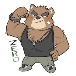 Rule 34 | 1boy, bandaid, bandaid on cheek, bandaid on face, bara, bear boy, black tank top, blush, deformed, flexing, full body, furry, furry male, highres, huge eyebrows, jewelry, kuragetarou1203, large pectorals, light frown, looking to the side, male focus, muscular, muscular male, necklace, oliver (zero), original, pants, pectorals, second-party source, short hair, sidepec, solo, standing, tank top, thick eyebrows