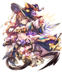 Rule 34 | 10s, 1girl, beatrix (granblue fantasy), bikini, breasts, brown hair, cleavage, detached sleeves, granblue fantasy, haku (sabosoda), halloween, hat, long hair, medium breasts, navel, parted lips, skirt, solo, strapless, swimsuit, thighhighs, witch hat