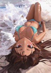 Rule 34 | 1girl, absurdres, aqua bikini, aqua ribbon, bare arms, bare shoulders, beach, bikini, bingwei huang, blush, breasts, breasts apart, brown hair, closed mouth, collarbone, dark-skinned female, dark skin, day, elf, foreshortening, from behind, full body, highres, knees up, large breasts, long hair, looking at viewer, looking back, navel, on ground, original, outdoors, photo-referenced, pointy ears, red eyes, ribbon, sand, side-tie bikini bottom, smile, solo, splashing, sunlight, swimsuit, very long hair, water