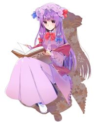 Rule 34 | 1girl, abe suke, blue bow, blush, book, bow, bowtie, brown eyes, closed mouth, dress, full body, hair bow, hat, highres, holding, holding book, long hair, long sleeves, looking at viewer, mob cap, patchouli knowledge, purple dress, purple hair, purple hat, red bow, red bowtie, shoes, sidelocks, solo, touhou, translation request, white background, white footwear, wide sleeves