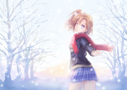 Rule 34 | 10s, 1girl, bare tree, blazer, blue eyes, blue skirt, brown hair, day, hadi, jacket, kosaka honoka, long hair, long sleeves, looking at viewer, looking back, love live!, love live! school idol project, miniskirt, one side up, orange hair, outdoors, outstretched hand, plaid, plaid skirt, pleated skirt, red scarf, scarf, school uniform, short hair, side ponytail, skirt, smile, snow, snowing, solo, tree