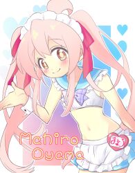 Rule 34 | 1girl, ahoge, alternate costume, apron, bare arms, bikini, blue sailor collar, blue skirt, blush, bow, bowtie, brown eyes, character name, commentary, cowboy shot, crop top, enmaided, frilled sailor collar, frills, hair between eyes, hair ribbon, heart, heart background, highres, long hair, looking at viewer, maid, maid bikini, maid headdress, midriff, miniskirt, name tag, navel, nemu0701, onii-chan wa oshimai!, outline, oyama mahiro, pink hair, plaid, plaid bow, plaid bowtie, red ribbon, ribbon, sailor bikini, sailor collar, simple background, skirt, smile, solo, swimsuit, twintails, unconventional maid, very long hair, waist apron, white outline, wrist cuffs
