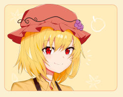 Rule 34 | 1girl, aki minoriko, apple, blonde hair, blush, border, carrot, commentary, food, food-themed hair ornament, fruit, grape hair ornament, hair between eyes, hair ornament, hat, highres, leaf, light blush, looking at viewer, maple leaf, mob cap, notice lines, red eyes, red hat, ronia, shirt, short hair, simple background, smile, solo, touhou, upper body, yellow background, yellow border, yellow shirt