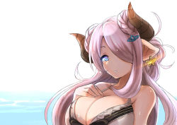 Rule 34 | 10s, 1girl, :o, alternate hairstyle, bare shoulders, bikini, blue eyes, braid, breasts, bug, butterfly, butterfly earrings, cleavage, collarbone, cow girl, cow horns, double bun, draph, earrings, female focus, granblue fantasy, hair ornament, hair over one eye, hairclip, hand on own chest, horns, insect, jewelry, large breasts, long hair, looking at viewer, luse maonang, narmaya (granblue fantasy), narmaya (summer) (granblue fantasy), ocean, outdoors, parted lips, pointy ears, purple hair, solo, summer, swimsuit, upper body, water, white bikini