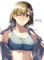 Rule 34 | 1girl, brown eyes, brown hair, frown, half updo, midriff, one eye closed, open clothes, open shirt, original, solo, somechime (sometime1209), sports bra, twitter username, upper body