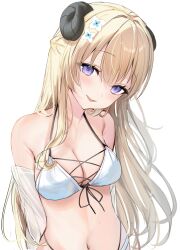 Rule 34 | 1girl, absurdres, bare shoulders, bikini, blonde hair, blush, braid, breasts, cleavage, commentary request, cross-laced bikini, cross-laced clothes, curled horns, flower, front-tie bikini top, front-tie top, hair flower, hair ornament, halterneck, head tilt, highres, hololive, horns, iruka3, long hair, medium breasts, navel, parted lips, purple eyes, sheep girl, sheep horns, simple background, smile, solo, stomach, swimsuit, tsunomaki watame, virtual youtuber, white background, white bikini