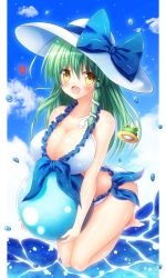 Rule 34 | 1girl, :d, ball, beachball, blonde hair, blue bow, blue sky, bow, breasts, cleavage, cloud, collarbone, commentary request, day, eyes visible through hair, full body, green hair, hair between eyes, hair ornament, hat, hat bow, heart, highres, kochiya sanae, large breasts, long hair, looking at viewer, open mouth, osashin (osada), outdoors, sky, smile, snake hair ornament, solo, sun hat, touhou, white hat