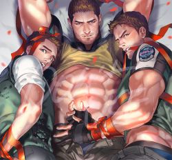 Rule 34 | 3boys, abs, age difference, back, bara, beard, bed, black gloves, black male underwear, blue eyes, bound, bound arms, bound wrists, brown hair, chris redfield, clothes lift, facial hair, falling petals, gge (gebback dark), gloves, large pectorals, looking at viewer, lying, male underwear, mature male, multiple boys, muscular, muscular male, navel, on back, on bed, open mouth, open pants, pants, parted lips, partially fingerless gloves, pectorals, petals, red ribbon, resident evil, resident evil 5, ribbon, ribbon bondage, shirt, shirt lift, short hair, teeth, underwear, vest