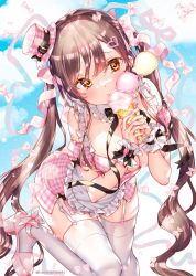 Rule 34 | 1girl, bare shoulders, blush, bow, breasts, brown eyes, cleavage, dress, food, garter belt, hair ornament, hat, highres, holding, holding food, ice cream, kamiya maneki, large breasts, long hair, looking at viewer, original, pink dress, solo, thighhighs, twintails