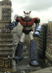 Rule 34 | bus, car, city, damaged, dirty, epic, glowing, glowing eyes, highres, madrid, mazinger (series), mazinger z, mazinger z (mecha), mecha, motor vehicle, no humans, photo background, realistic, road, robot, science fiction, spain, street, super robot, third-party edit, toei animation, vehicle