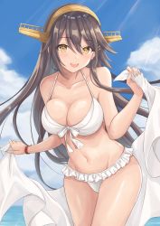Rule 34 | 1girl, bikini, black hair, blue sky, breasts, brown eyes, cleavage, cloud, commentary request, cowboy shot, frilled bikini, frills, gensoukitan, hair ornament, hairband, hairclip, haruna (kancolle), highres, horizon, kantai collection, large breasts, leaning forward, long hair, looking at viewer, ocean, sky, smile, solo, standing, swimsuit, towel, white bikini