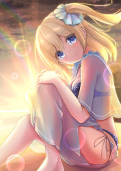 Rule 34 | 1girl, above clouds, absurdres, bare legs, bare shoulders, beach, bikini, blonde hair, blue bikini, blue eyes, blue sky, blush, breasts, cloud, cloudy sky, day, dress, dress shirt, hair between eyes, hair ornament, highres, holding, looking at viewer, messiah &amp; crea, moe2021, original, outdoors, sand, shirt, short hair, sitting, sky, smile, solo, sunlight, sunset, swimsuit, tail, twintails