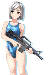 Rule 34 | 1girl, absurdres, ar-15, assault rifle, blue one-piece swimsuit, breasts, brown eyes, camouflage, clothes writing, commentary request, competition swimsuit, feet out of frame, grey hair, gun, highleg, highleg swimsuit, highres, holding, holding gun, holding weapon, one-piece swimsuit, original, rifle, short hair, simple background, small breasts, solo, standing, swimsuit, takafumi, translation request, trigger discipline, variant set, weapon, white background