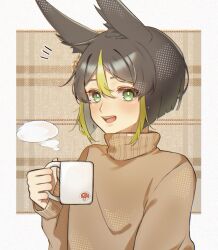 Rule 34 | 1boy, alternate costume, animal ear fluff, animal ears, black hair, border, brown sweater, coffee mug, commentary, cup, earrings, fox boy, fox ears, genshin impact, green eyes, green hair, holding, holding cup, jewelry, looking at viewer, male focus, mug, multicolored hair, open mouth, papipipi71, plaid, plaid background, ribbed sweater, single earring, smile, solo, steam, sweater, tighnari (genshin impact), white border